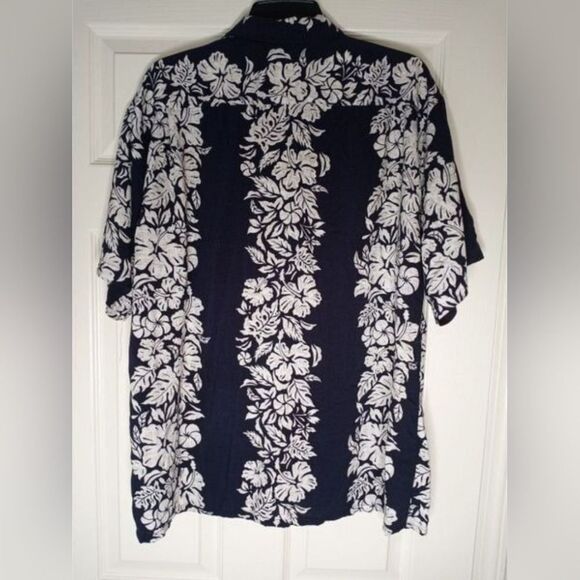 Pineapple Connection Hawaiian Men's Shirt Pocket L Navy/WhiteFloral PatternRayon - Picture 5 of 5